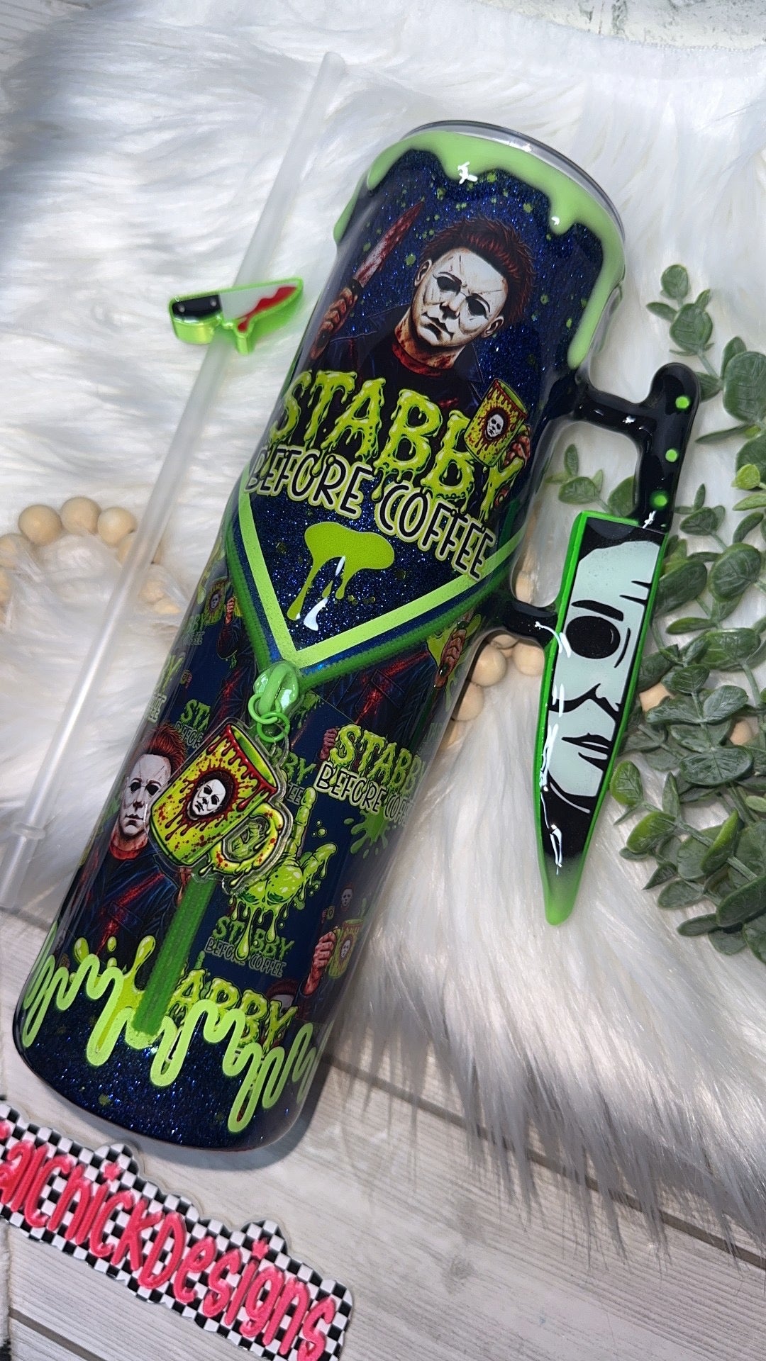 RTS {Stabby Before Coffee (MikeM), Zipper & Charm,  w Knife Handle, SnowGlobe Bottom & GLOW Drip, Matching Pen with Pen Topper Included} 32oz Skinny