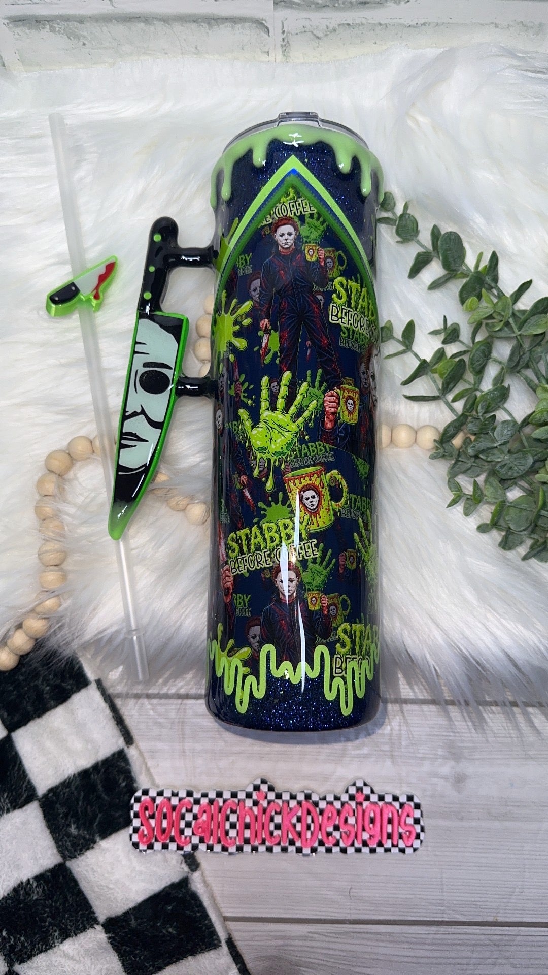 RTS {Stabby Before Coffee (MikeM), Zipper & Charm,  w Knife Handle, SnowGlobe Bottom & GLOW Drip, Matching Pen with Pen Topper Included} 32oz Skinny
