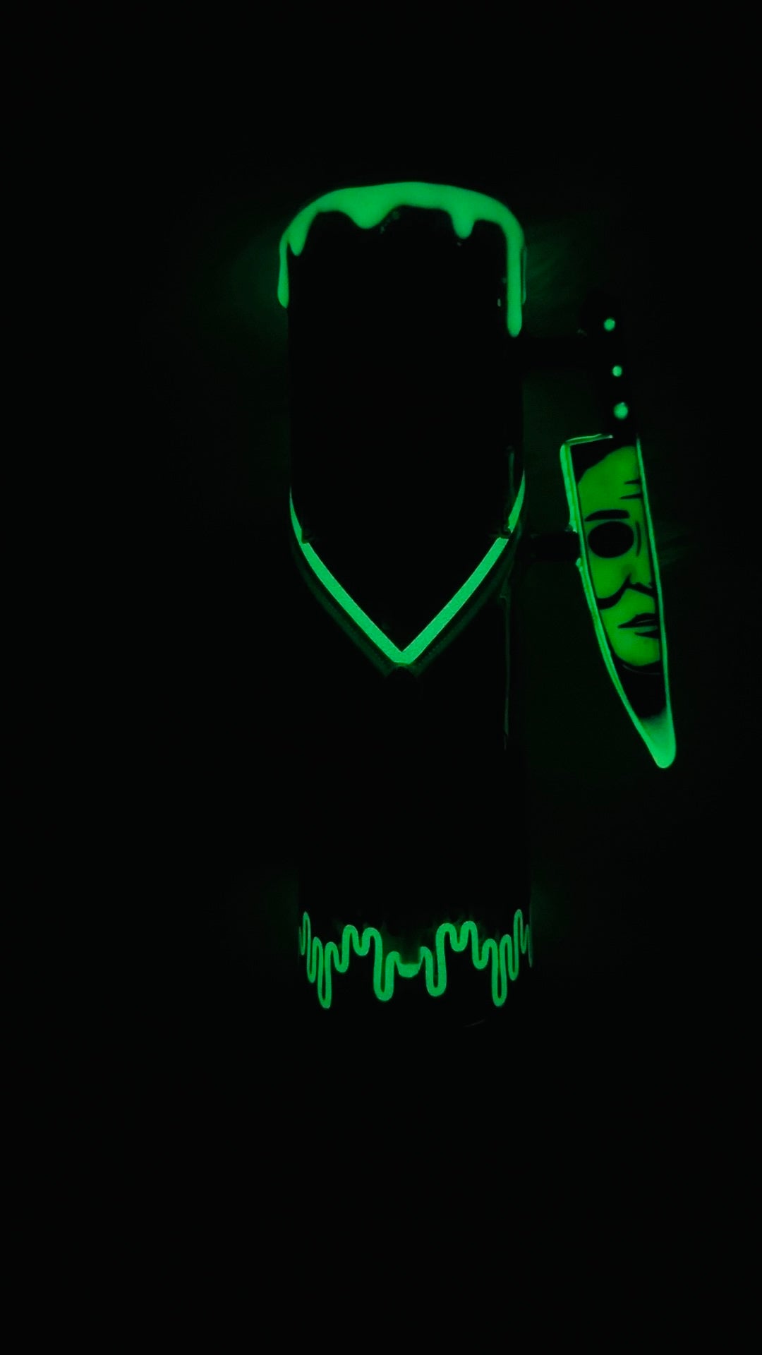 RTS {Stabby Before Coffee (MikeM), Zipper & Charm,  w Knife Handle, SnowGlobe Bottom & GLOW Drip, Matching Pen with Pen Topper Included} 32oz Skinny