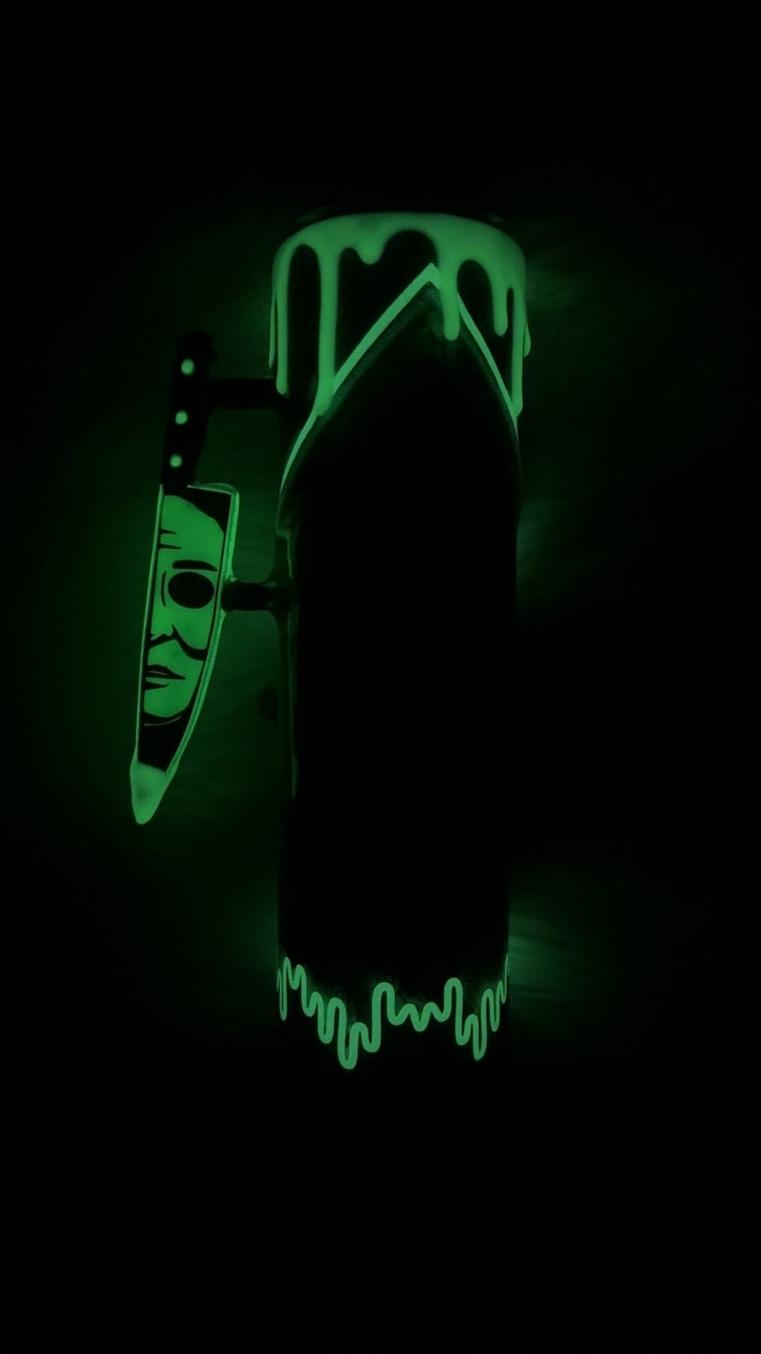 RTS {Stabby Before Coffee (MikeM Girl), Zipper & Charm,  w Knife Handle, SnowGlobe Bottom & GLOW Drip} 32oz Skinny