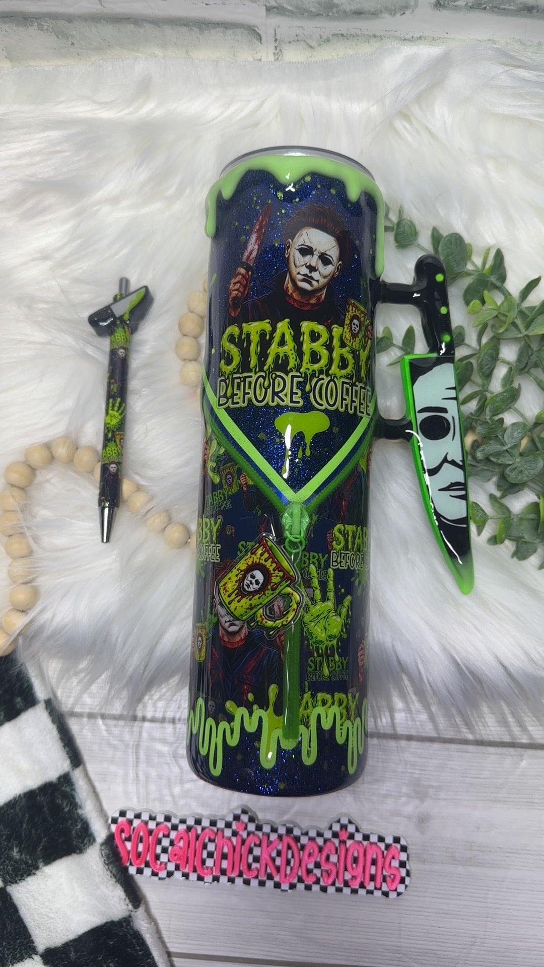 RTS {Stabby Before Coffee (MikeM), Zipper & Charm,  w Knife Handle, SnowGlobe Bottom & GLOW Drip, Matching Pen with Pen Topper Included} 32oz Skinny