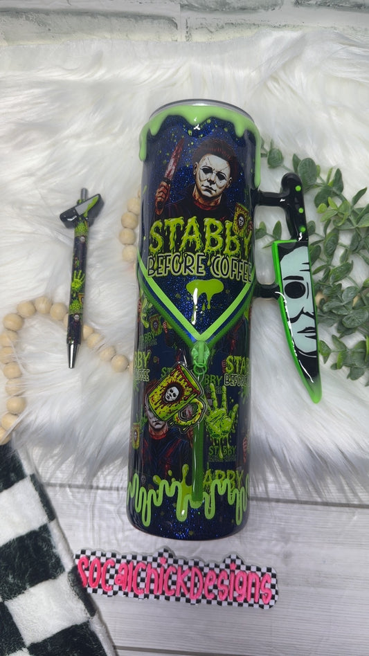 RTS {Stabby Before Coffee (MikeM), Zipper & Charm,  w Knife Handle, SnowGlobe Bottom & GLOW Drip, Matching Pen with Pen Topper Included} 32oz Skinny