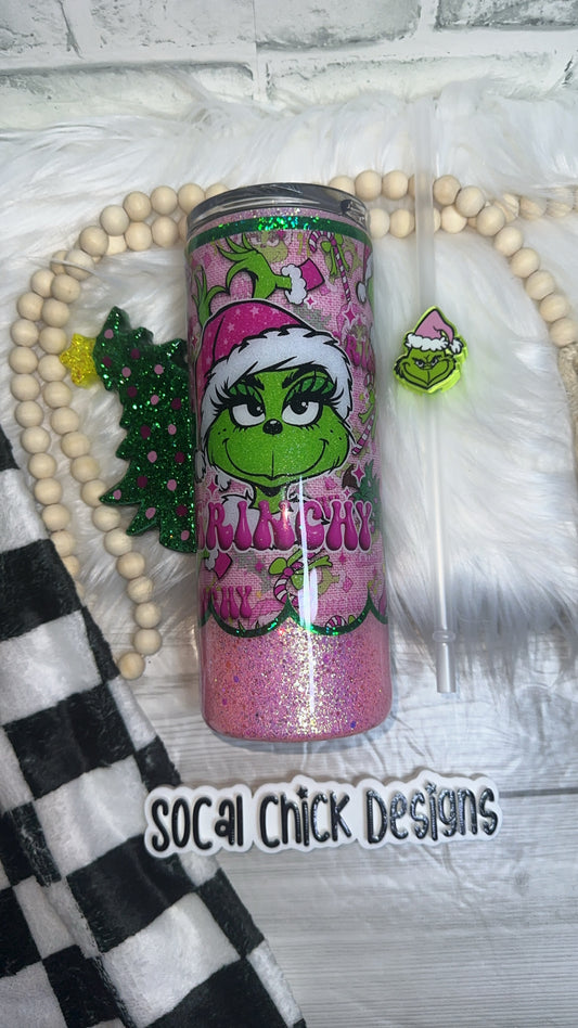 RTS {Pink Green Girl w Bent Tree Handle & Straw Topper} 25oz Skinny