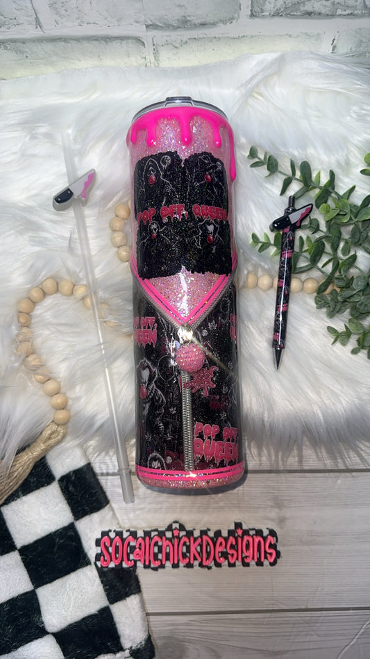 RTS {Pop Off Queen Horror with Zipper, Charm, SnowGlobe Bottom & Drip & Matching  Pen} 32oz Skinny