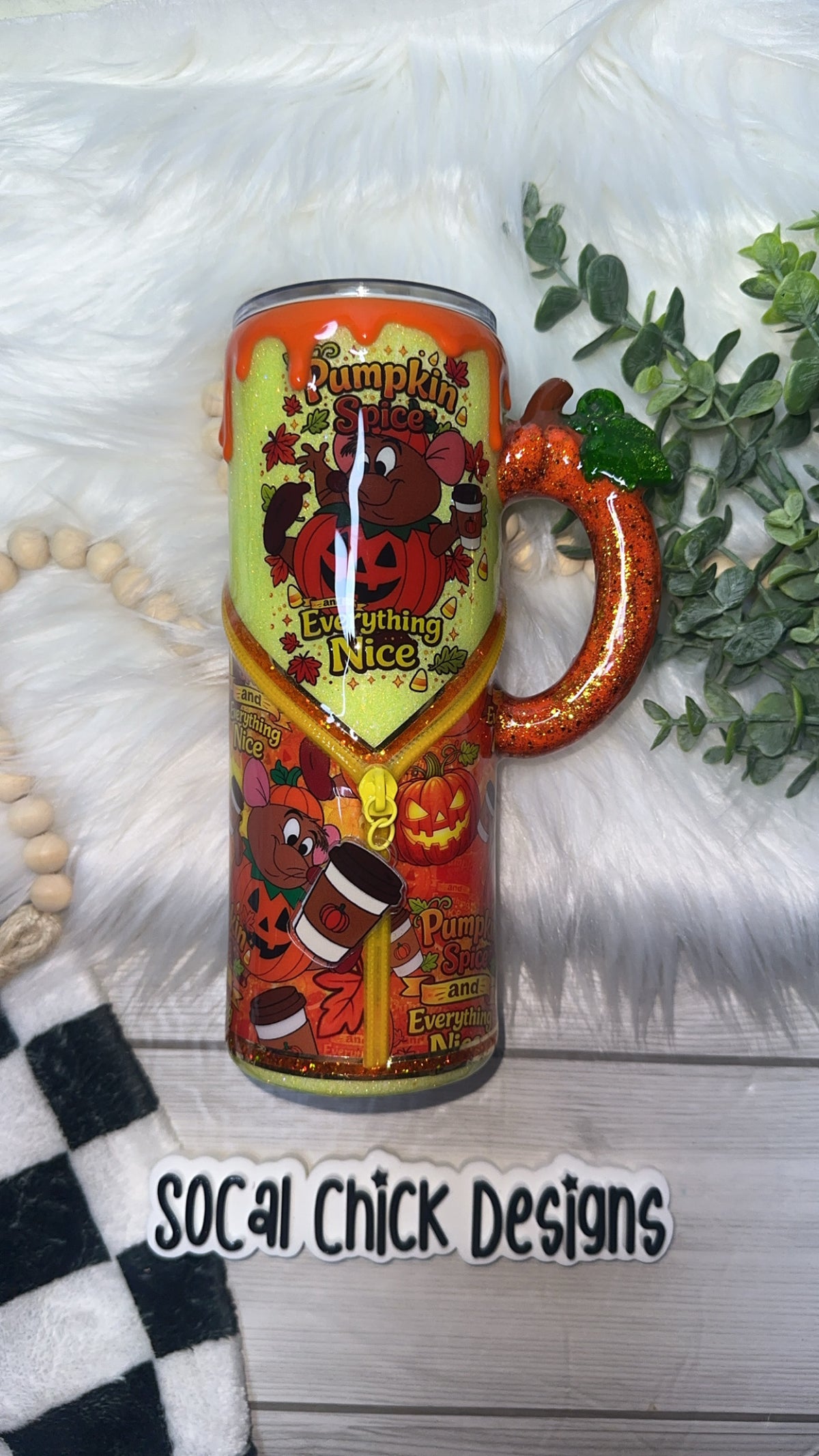 RTS {Pumpkin Spice & Everything Nice Zipper & Charm with Pumpkin Handle, SnowGlobe Bottom & Drip} 24oz Skinny