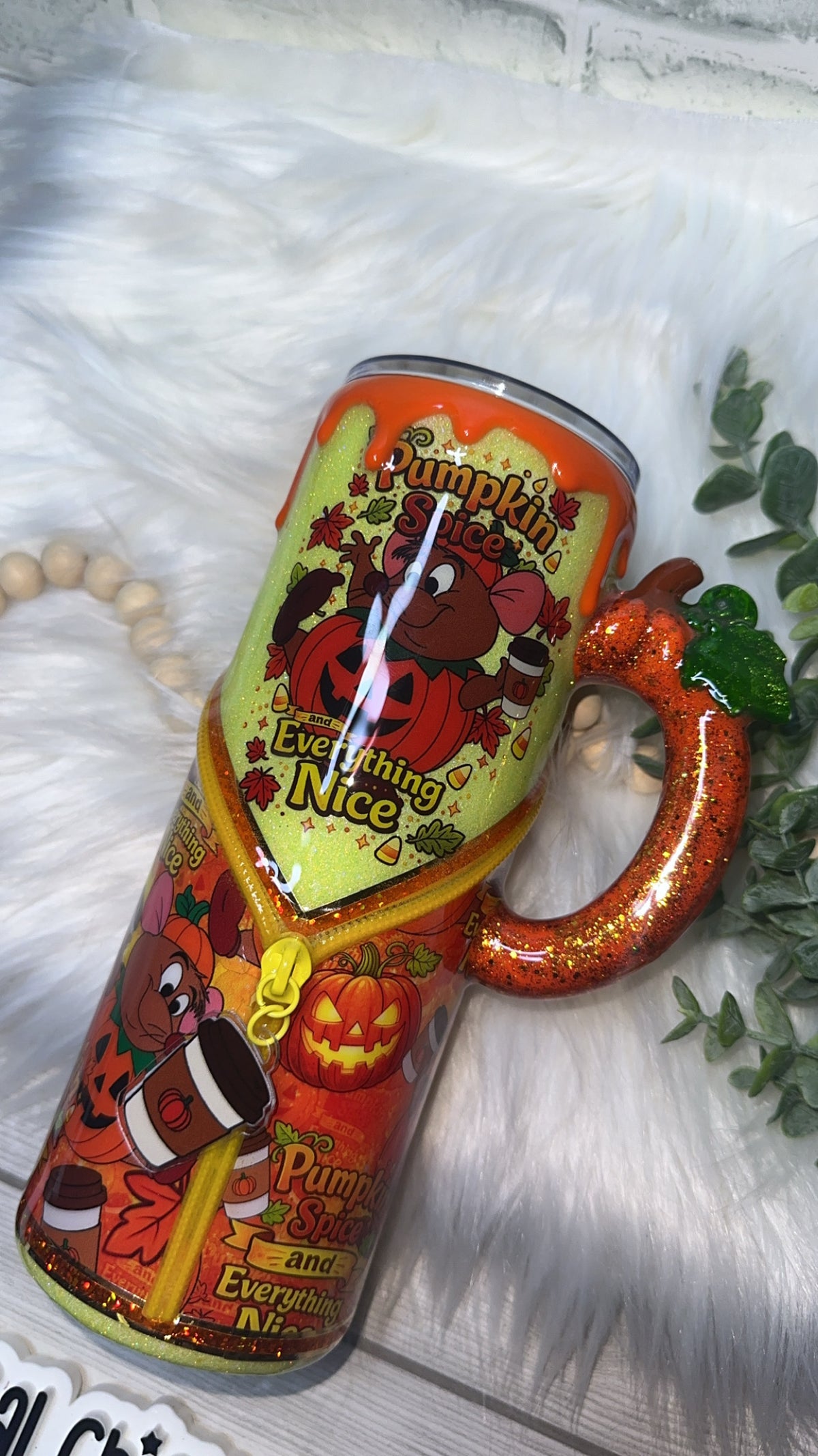 RTS {Pumpkin Spice & Everything Nice Zipper & Charm with Pumpkin Handle, SnowGlobe Bottom & Drip} 24oz Skinny