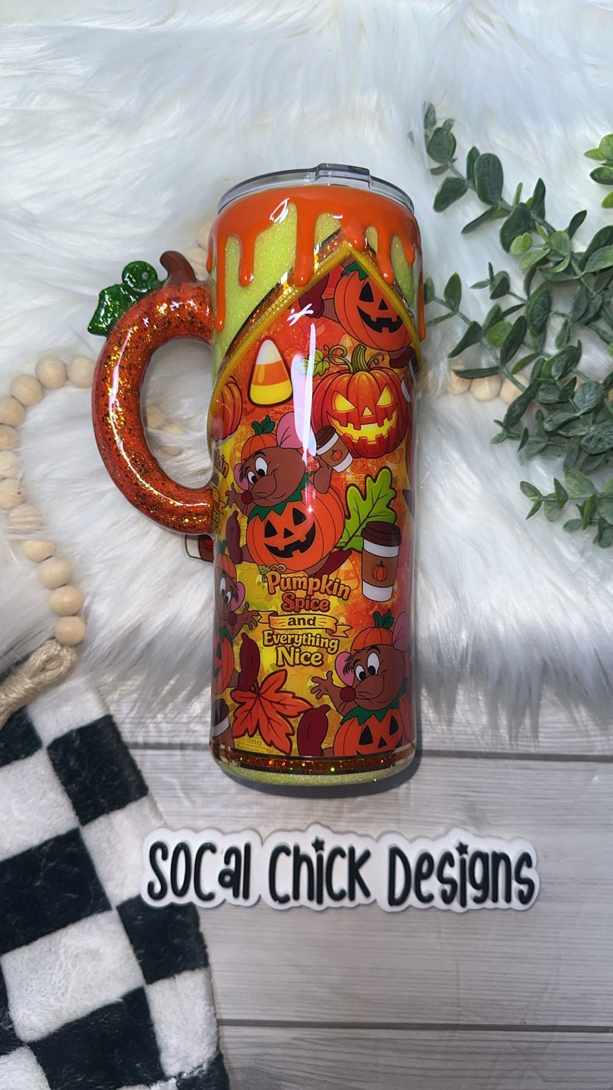 RTS {Pumpkin Spice & Everything Nice Zipper & Charm with Pumpkin Handle, SnowGlobe Bottom & Drip} 24oz Skinny