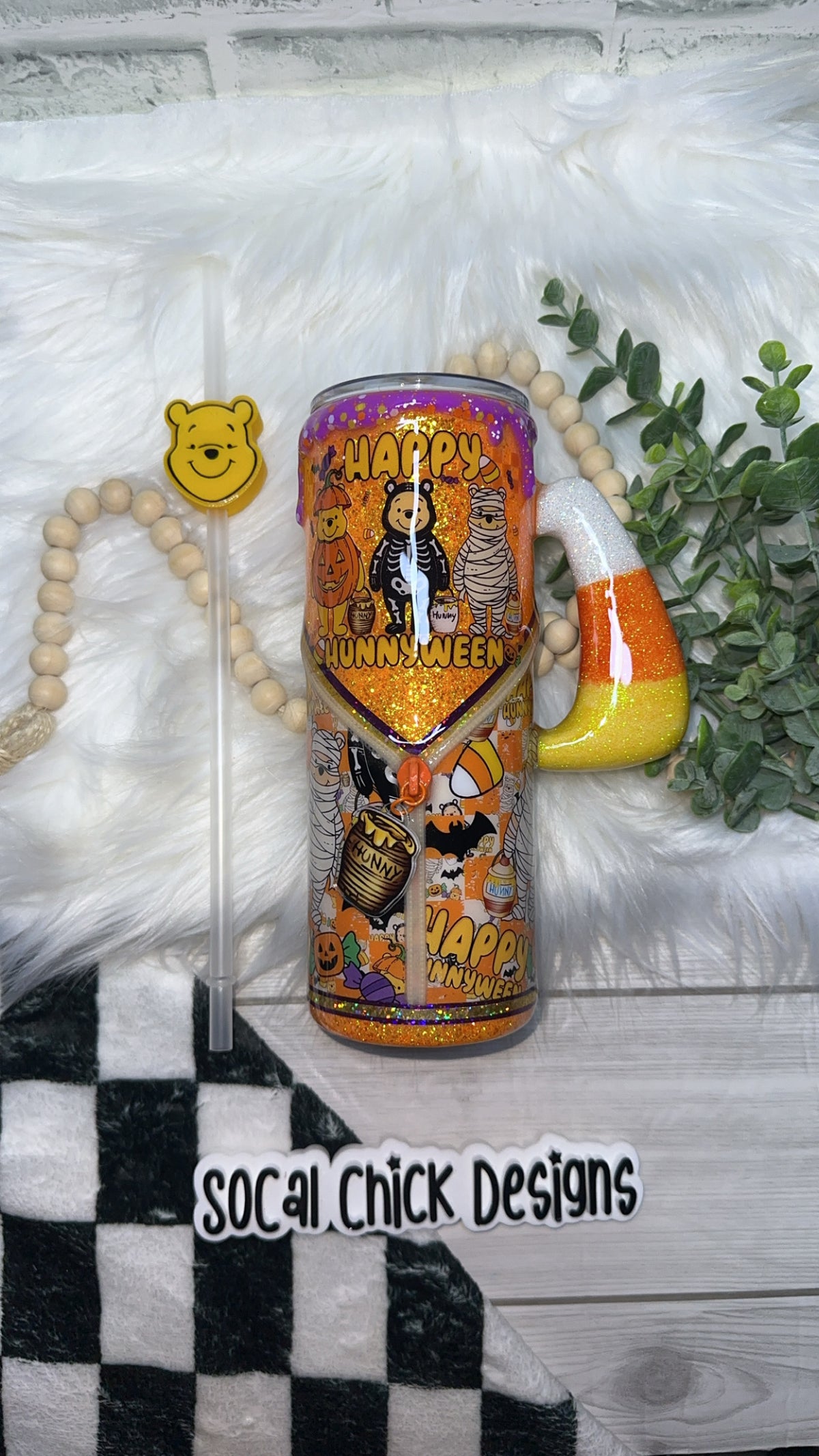 RTS {Happy Hunnyween Zipper & Charm with Candy Corn Handle, SnowGlobe Bottom & Drip} 24oz Skinny