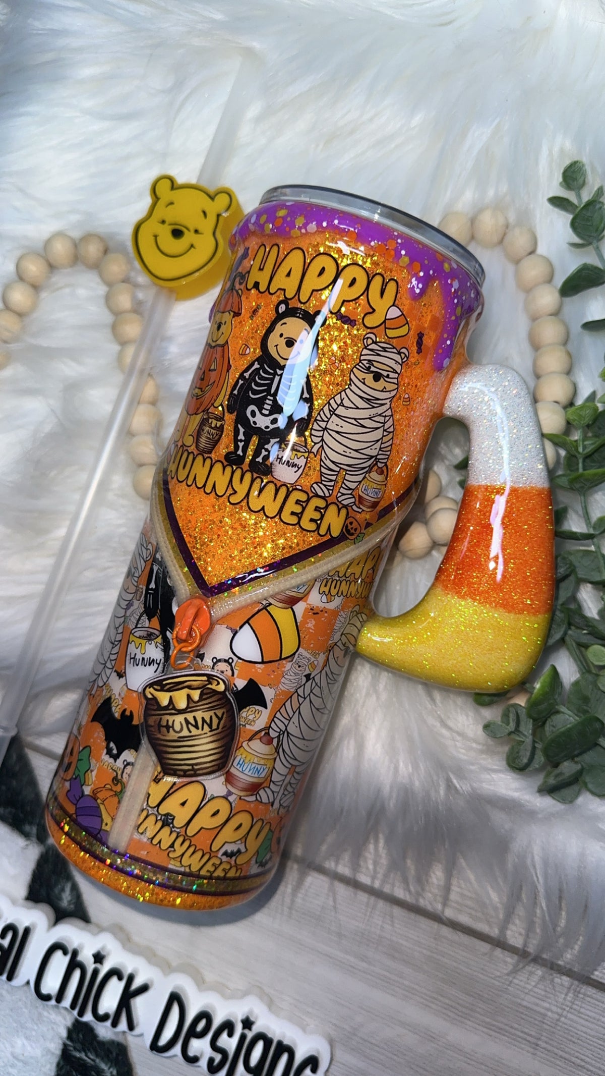 RTS {Happy Hunnyween Zipper & Charm with Candy Corn Handle, SnowGlobe Bottom & Drip} 24oz Skinny