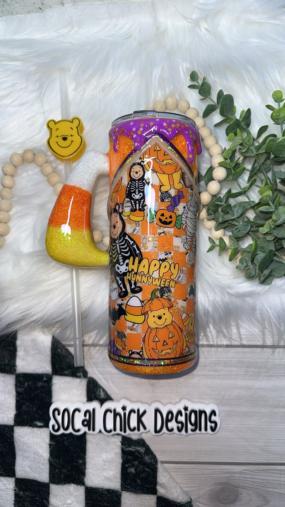 RTS {Happy Hunnyween Zipper & Charm with Candy Corn Handle, SnowGlobe Bottom & Drip} 24oz Skinny