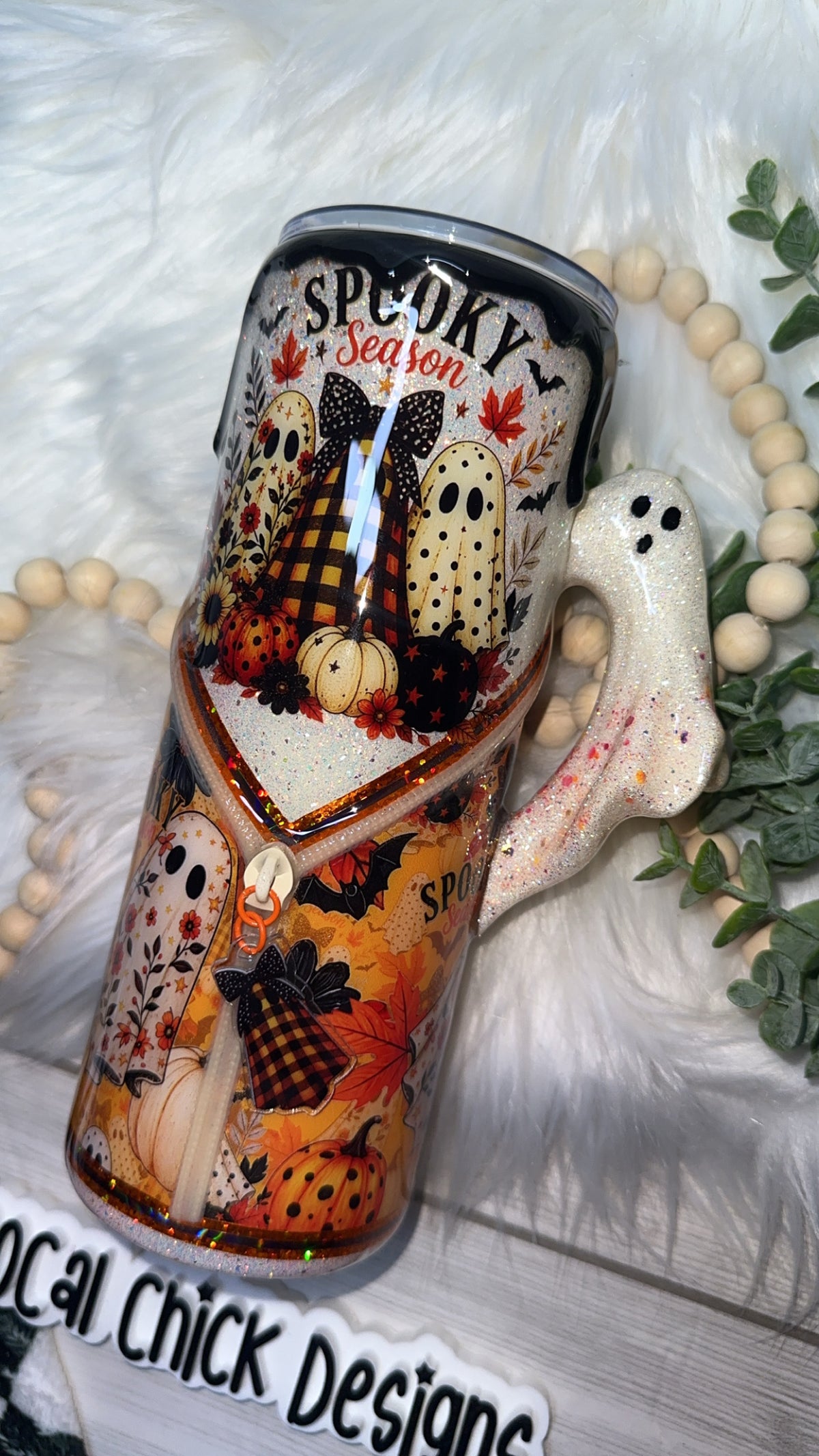 RTS {Spooky Season Ghosts Zipper & Charm with Ghost Handle, SnowGlobe Bottom & Drip} 24oz Skinny
