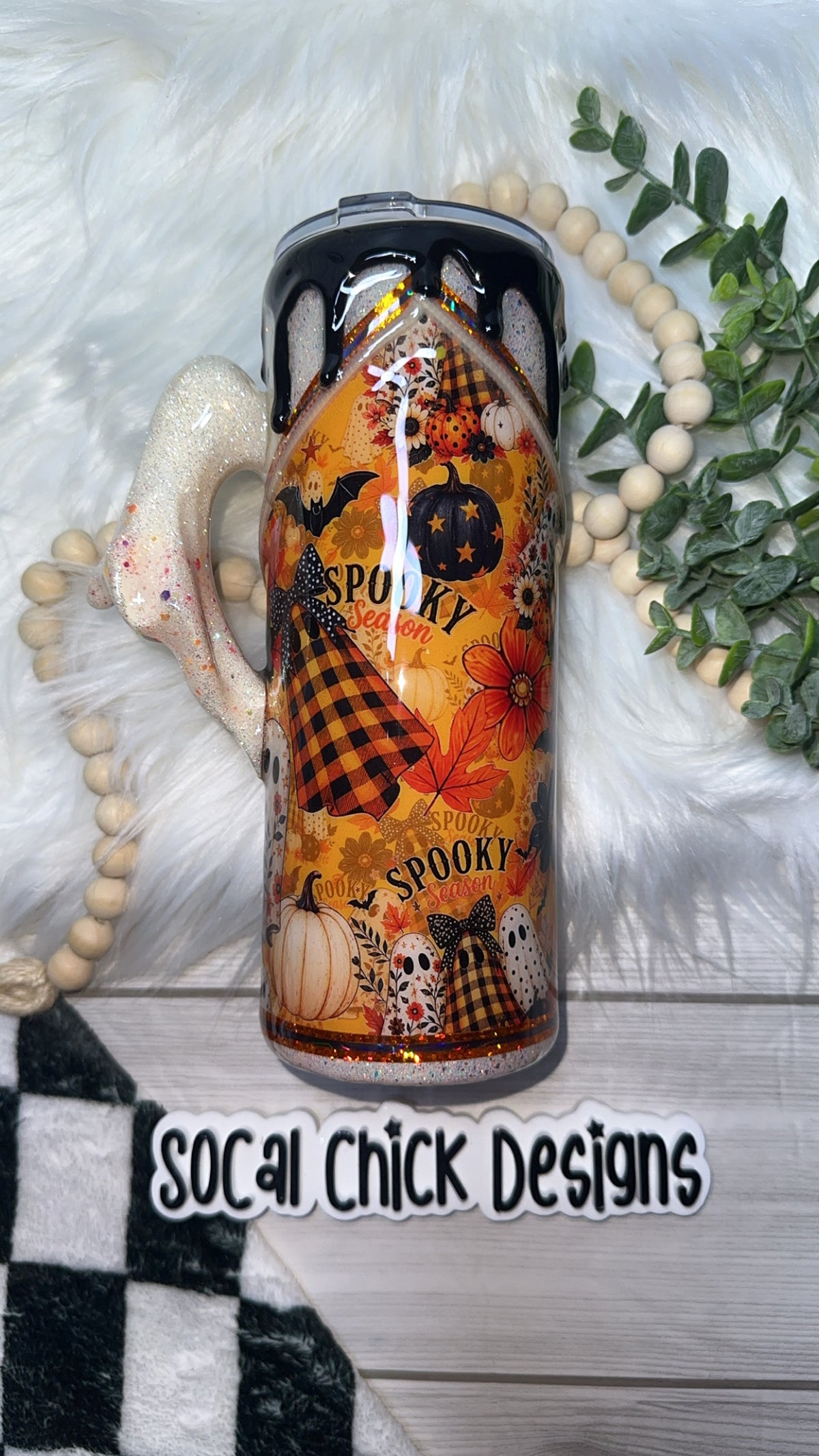 RTS {Spooky Season Ghosts Zipper & Charm with Ghost Handle, SnowGlobe Bottom & Drip} 24oz Skinny