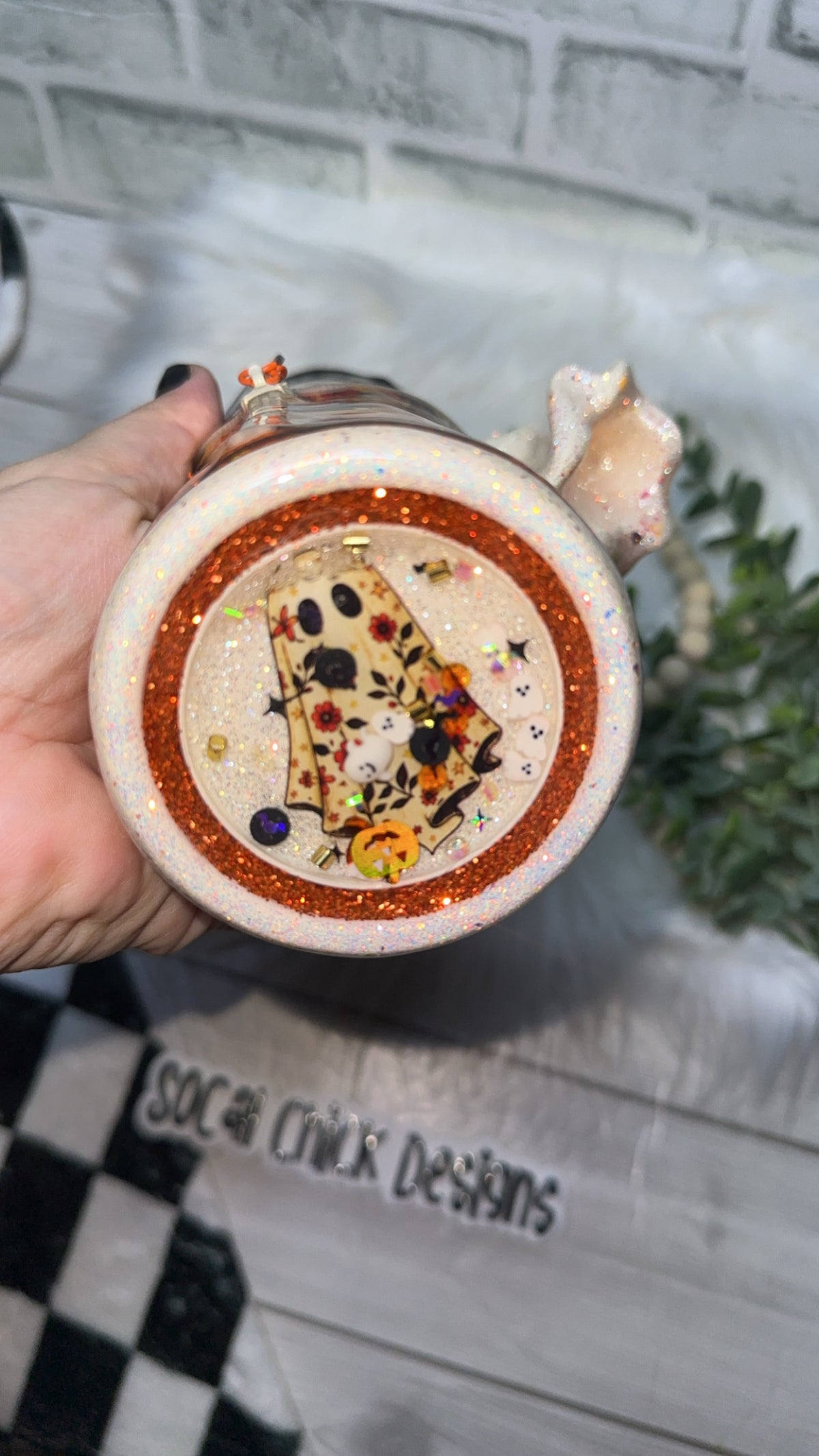 RTS {Spooky Season Ghosts Zipper & Charm with Ghost Handle, SnowGlobe Bottom & Drip} 24oz Skinny