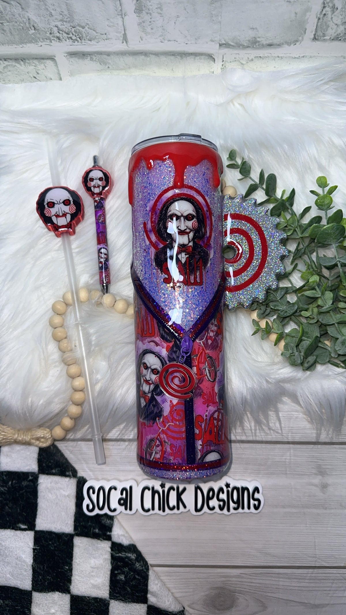 RTS {Jig Saw, Zipper & Charm,  w Saw Handle, SnowGlobe Bottom, Drip & Matching Pen w Pen Topper} 32oz Skinny