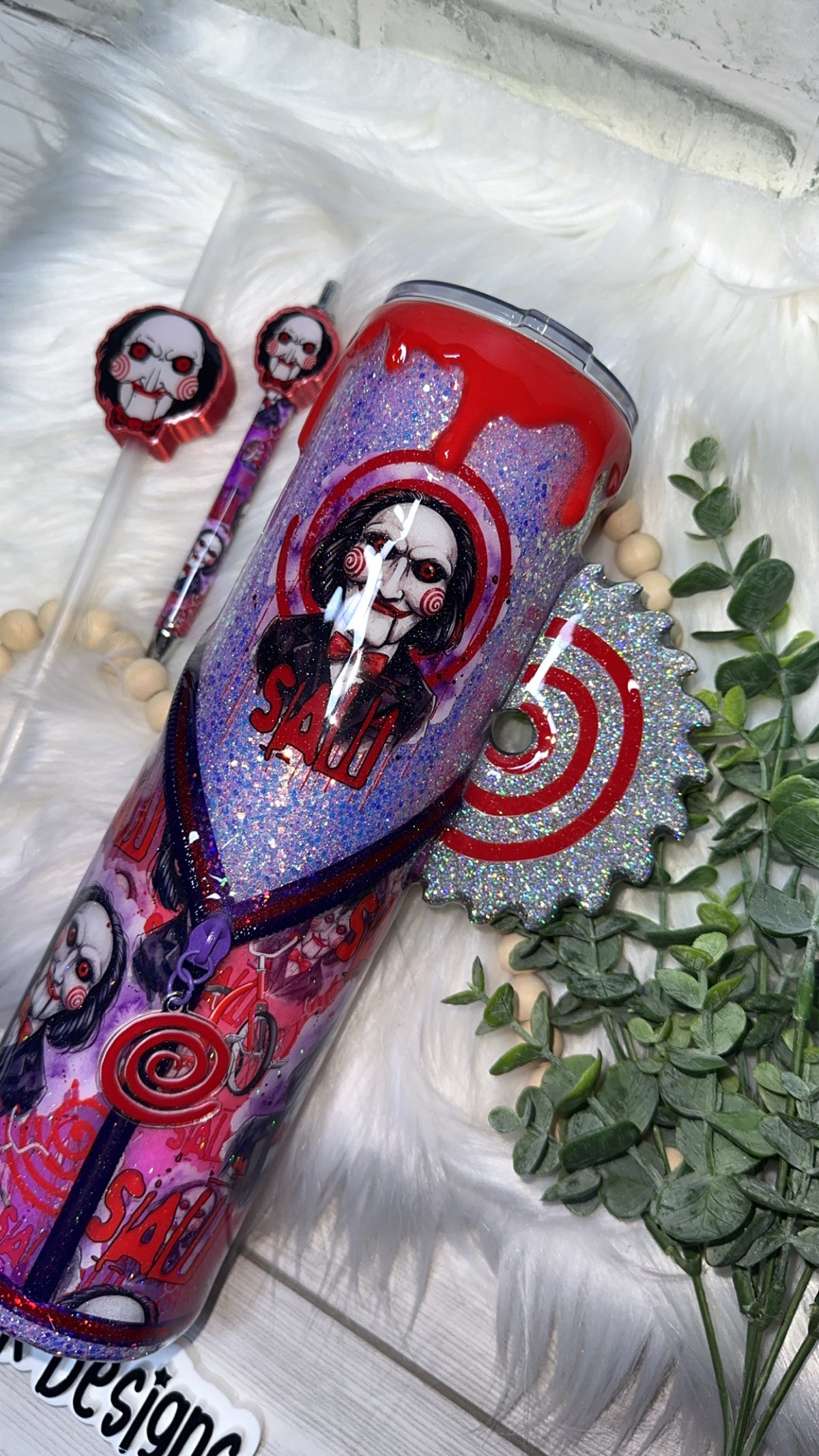 RTS {Jig Saw, Zipper & Charm,  w Saw Handle, SnowGlobe Bottom, Drip & Matching Pen w Pen Topper} 32oz Skinny