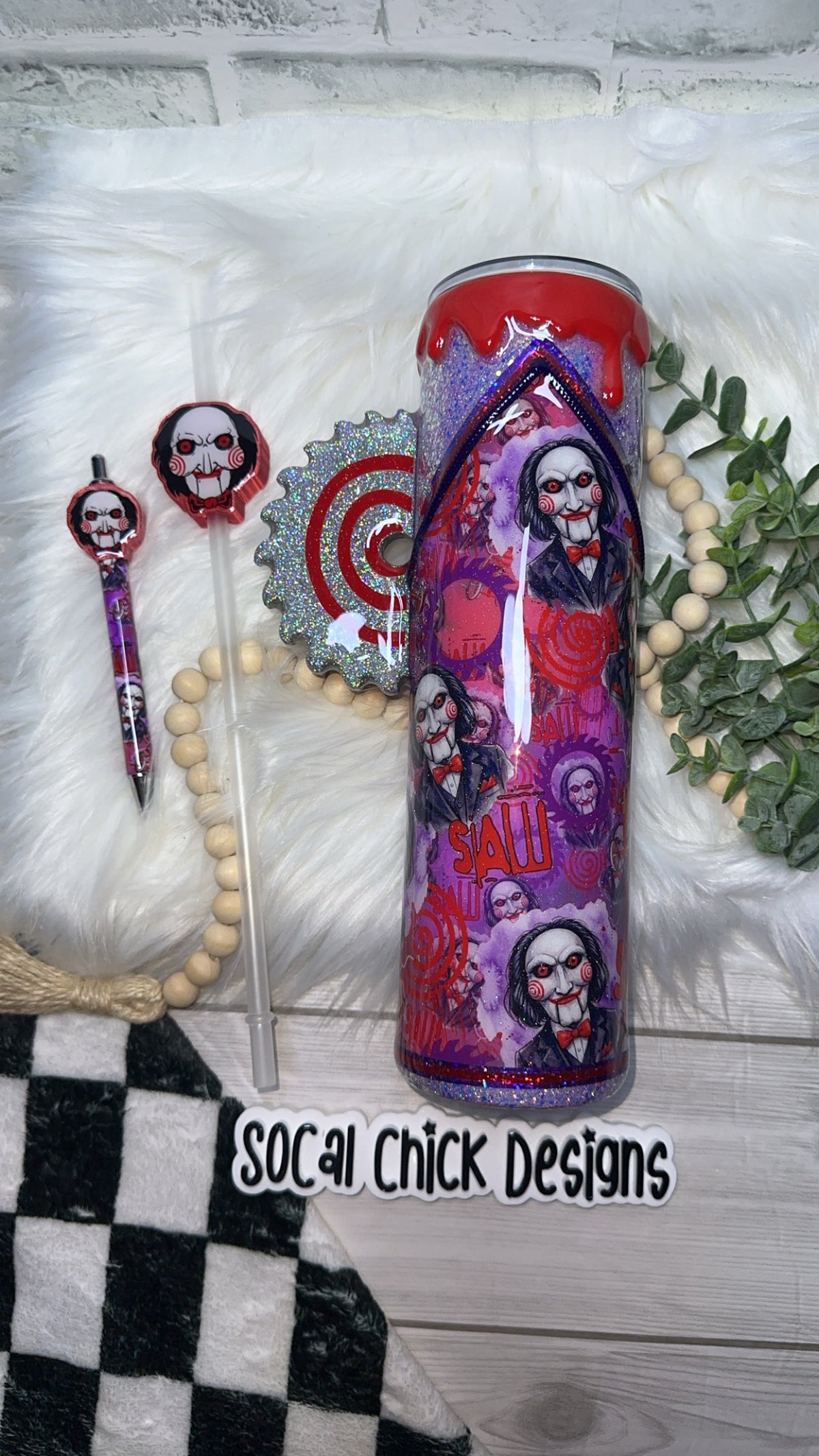 RTS {Jig Saw, Zipper & Charm,  w Saw Handle, SnowGlobe Bottom, Drip & Matching Pen w Pen Topper} 32oz Skinny
