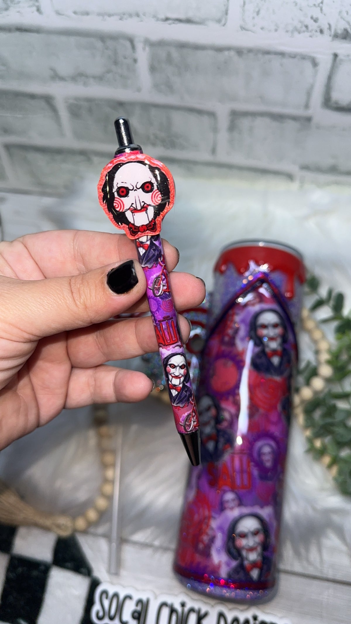 RTS {Jig Saw, Zipper & Charm,  w Saw Handle, SnowGlobe Bottom, Drip & Matching Pen w Pen Topper} 32oz Skinny