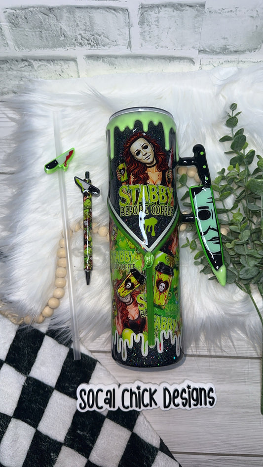 RTS {Stabby Before Coffee (MikeM Girl), Zipper & Charm,  w Knife Handle, SnowGlobe Bottom, GLOW Drip & Matching Pen w Pen Topper} 32oz Skinny
