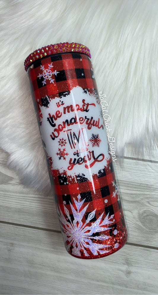 RTS {Plaid/Snowflakes Most Wonderful Time of Year Bling Lid} 20oz Skinny