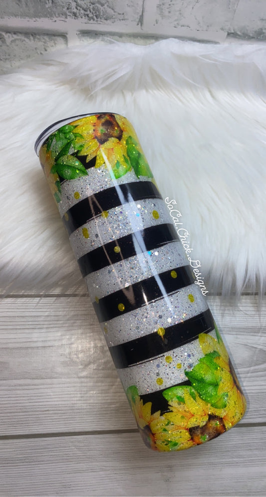 MTO {Stripes Sunflowers} - Select Your Tumbler Style